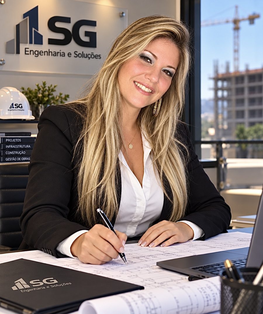 Engenheira Sarah Gomes em seu escritório, analisando uma planta de projeto